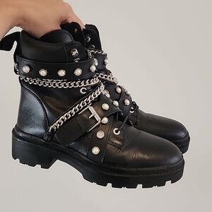 Zara leather lace up pearl combat boots